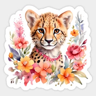 A baby cheetah decorated with beautiful watercolor flowers Sticker